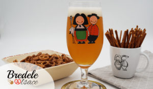 dégustation à la Fabrique à Bretzels bretzels sticks et bière dans des verres/tasses Jeannala et Seppala
